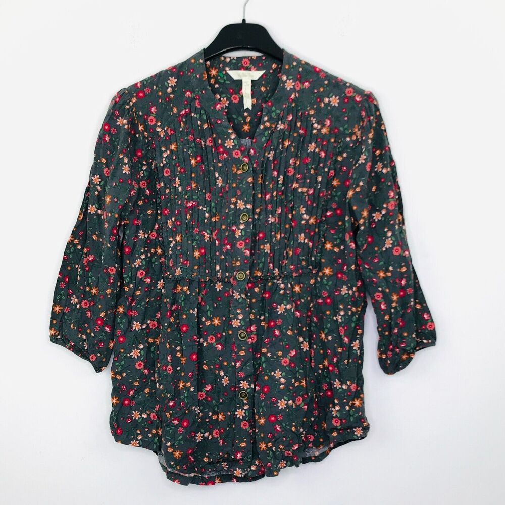 Matilda Jane Women's Small Blouse Gray Floral Pintuck Ruffle Button Up BJ1